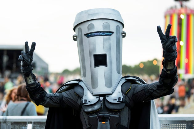Count Binface, a candidate in Britain's upcoming general election, poses for photographers during the Glastonbury Festival in Worthy Farm, Somerset, England, Saturday, June 29, 2024. (Scott A Garfitt/Invision/AP)