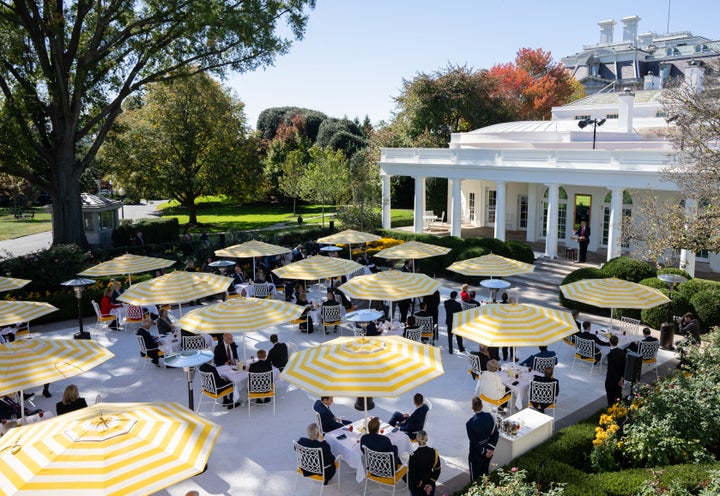 President Donald Trump speaks at a "Rose Garden Club" lunch on Oct. 21, 2025.