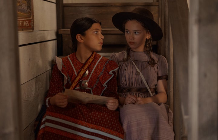 Wren Zhawenim Gotts as Good Eagle and Alice Halsey as Laura Ingalls in "Little House on the Prairie."