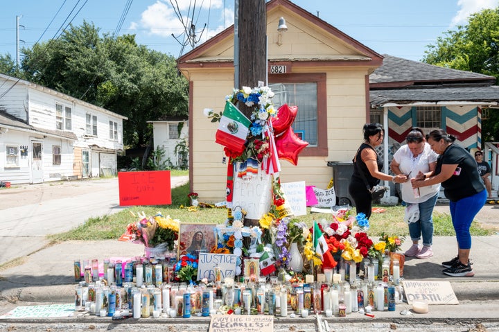 People pay their respects at the site where Mexican immigrant Lorenzo Salgado Araujo was killed on July 09, 2026 in Houston, Texas. (Photo by Brandon Bell/Getty Images)