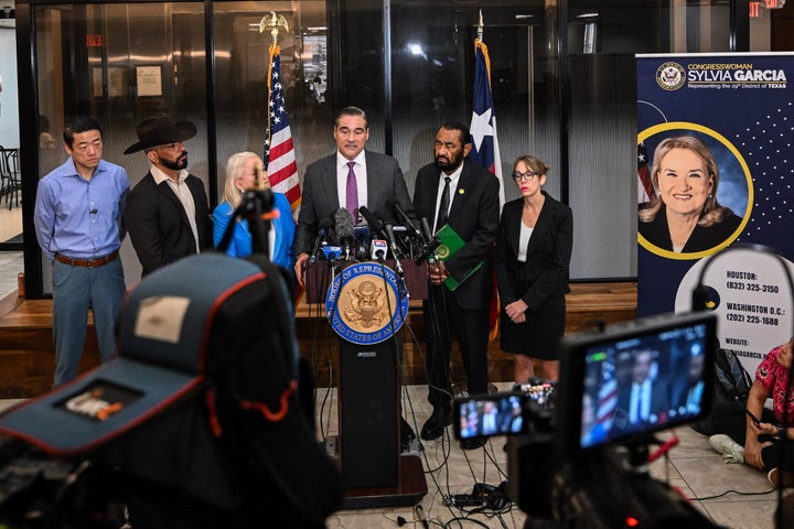 Sean Teare, Harris County District Attorney, speaks during a news conference to discuss the case of Lorenzo Salgado Araujo, in Houston, Texas, on July 10, 2026. (Photo by RONALDO SCHEMIDT / AFP via Getty Images)
