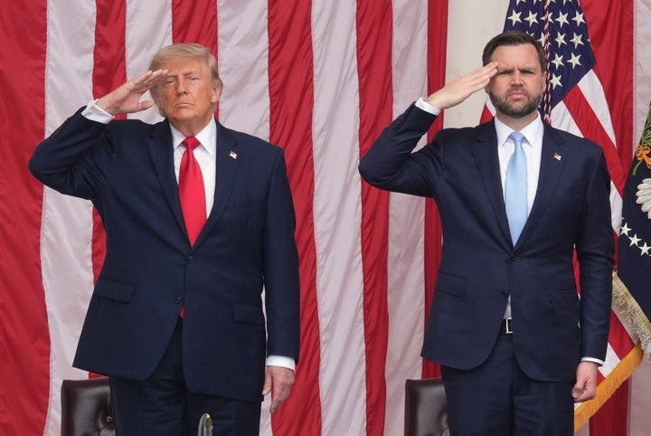 President Donald Trump, left, and Vice President JD Vance salute during the playing of "Taps" at the 158th National Memorial Day Observance coinciding with the nation's 250th anniversary, at the Memorial Amphitheater in Arlington National Cemetery, Monday, May 25, 2026, in Arlington, Va. (AP Photo/Alex Brandon)