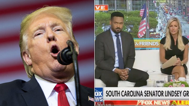 President Donald Trump and “Fox & Friends” hosts Lawrence Jones and Ainsley Earhardt.