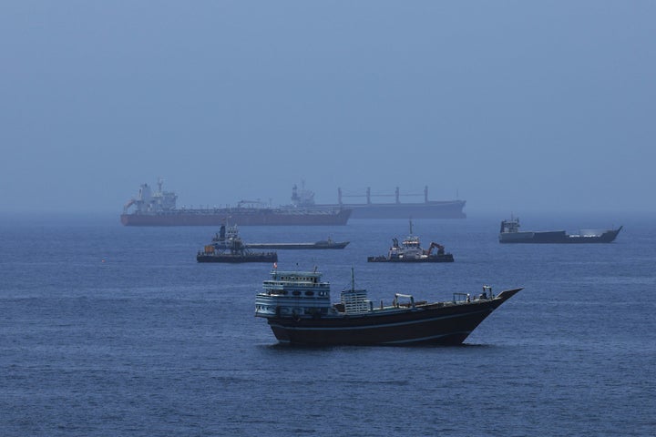 A view of commercial cargo vessels and crude oil tankers are anchored in the Gulf of Oman, off the coast of Muscat, Oman, on June 21, 2026. (Photo by Shady Alassar/Anadolu via Getty Images)