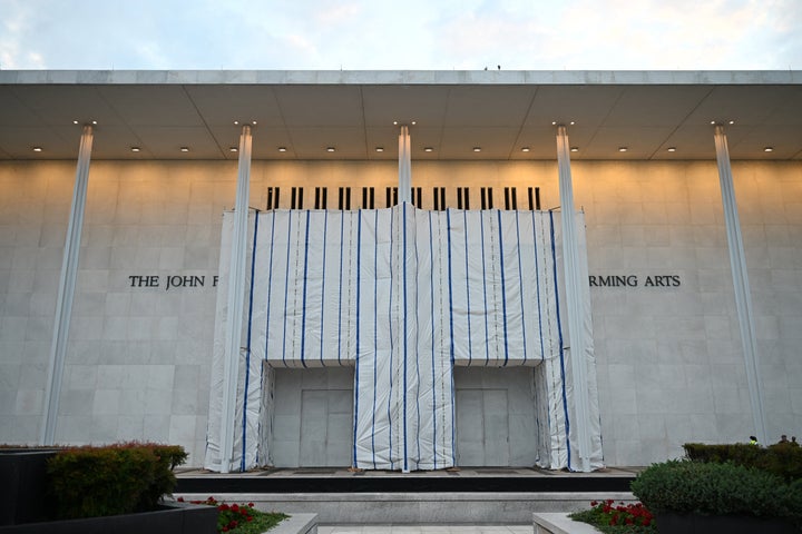 Trump's name was removed from The Kennedy Center, but they left up a tarp to obscure the name of the building. 