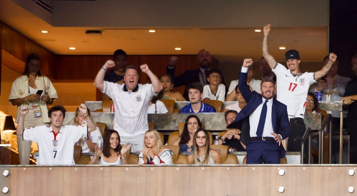Victoria Beckham, left, remains seated as her husband, David Beckham, right, cheers in celebration at the World Cup on Saturday, July 11, 2026, in Miami. 