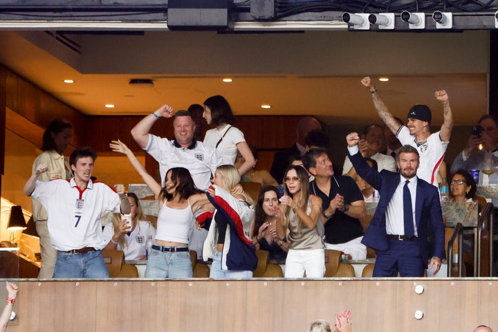 Victoria Beckham, left, and her husband, David Beckham, right, appear to cheer at the World Cup on Saturday, July 11, 2026, in Miami.