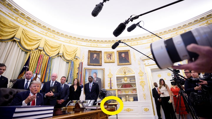An unopened package of Krazy Glue spotted on President Donald Trump’s desk Monday.
