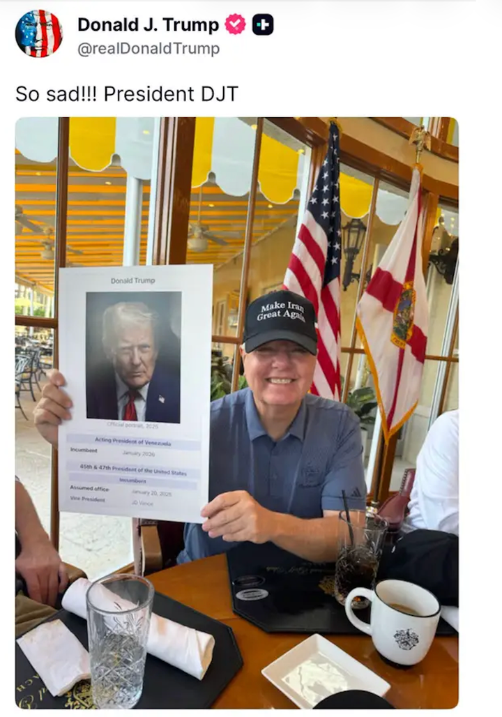 A Truth Social post from President Trump featuring a photo of Lindsey Graham holding up Trump’s Wikipedia page where Trump’s photo is captioned “Acting President of Venezuela.”