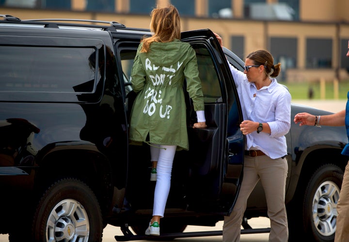 First lady Melania Trump showing off her "I don't really care. Do U?" coat in 2018.