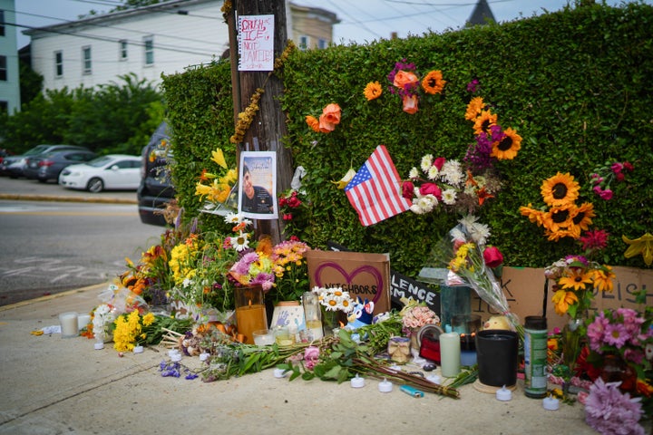 A makeshift memorial is seen a day after a man was fatally shot by ICE officers in Biddeford, Maine. The victim has been identified as Joan Sebastian Guerrero, a 26-year-old man from Colombia.