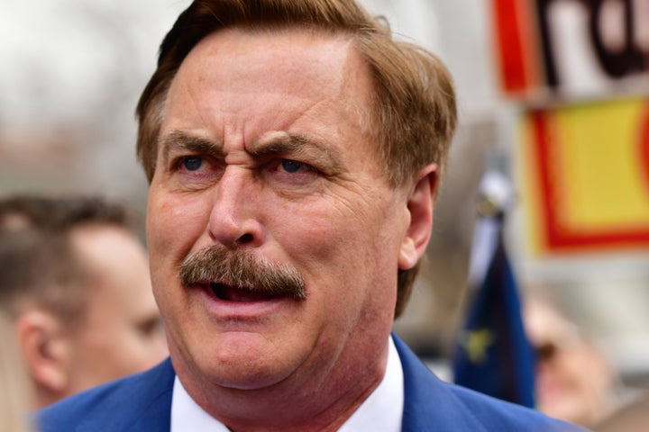 MyPillow CEO Mike Lindell attends a rally in Denver on April 5, 2022.