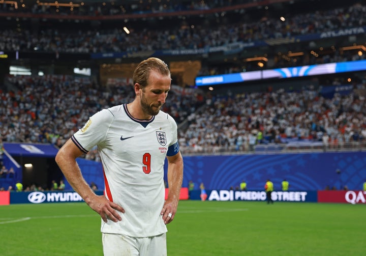ATLANTA, GEORGIA - JULY 15: Harry Kane #9 of England reacts after the 1-2 loss during the FIFA World Cup 2026 Semi Final match between England and Argentina at Atlanta Stadium on July 15, 2026 in Atlanta, Georgia. (Photo by Michael Regan - FIFA/FIFA via Getty Images)