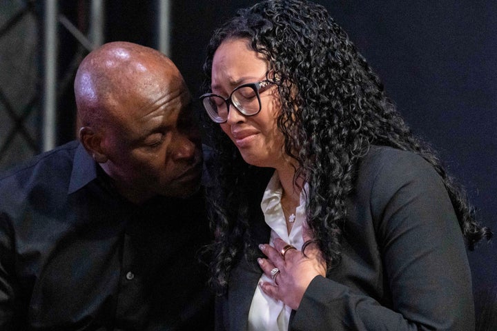 Christine and Elmore Wonsley, parents of Nolan Xavier Wells, react during a news conference at National Action Network headquarters, Friday, July 10, 2026, in New York. (AP PH๏τo/Yuki Iwamura)