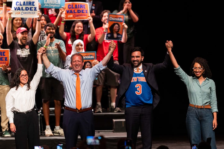 Three of the candidates Mamdani endorsed in the New York Democratic primaries beat incumbents or the party-backed officials: State Representative Claire Valdez (left), Brad Lander (center left,) and Darializa Avila Chevalier (right,) pictured together during a "Get Out The Vote" rally in June.