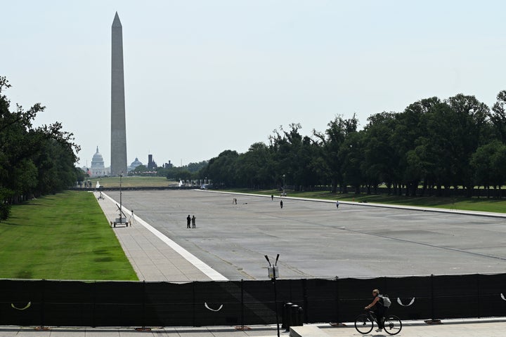 View of the fenced-off Lincoln Memorial Reflecting Pool.