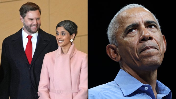 Left: Vice President JD Vance with second lady Usha Vance. Right: Former President Barack Obama.