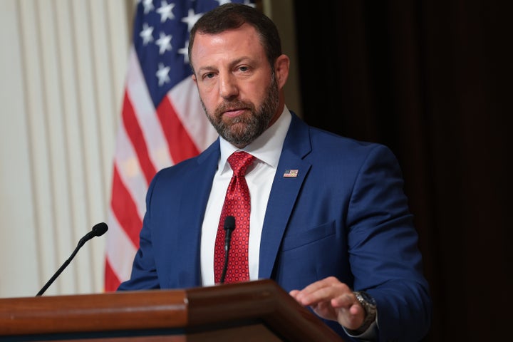 WASHINGTON, DC - JULY 17: U.S. Secretary of Homeland Security Markwayne Mullin speaks during a news conference in the Eisenhower Executive Office Building on July 17, 2026 in Washington, DC. Mullin held the news conference to discuss election security ahead of the midterms. (Photo by Anna Moneymaker/Getty Images)