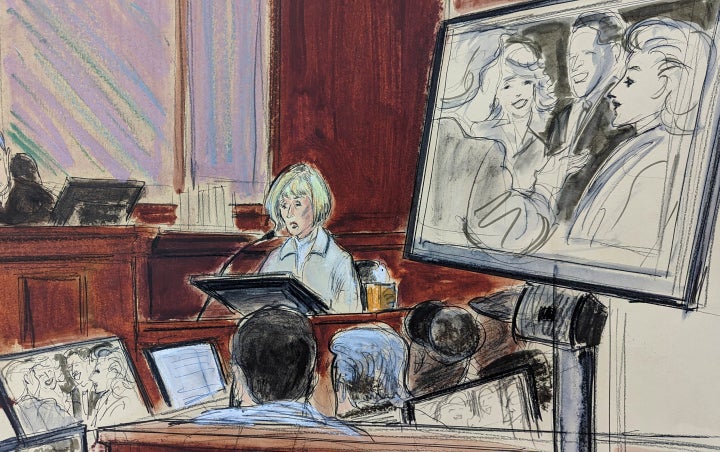 A courtroom sketch showing Carroll testifying in 2023 with a photo of her and Trump onscreen.