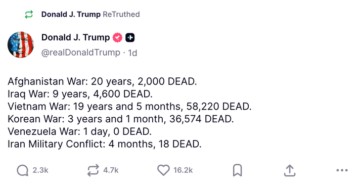 President Trump shared a social media post in which he compared the number of Americans killed in the Iran war so far with the death tolls from previous U.S. conflicts.