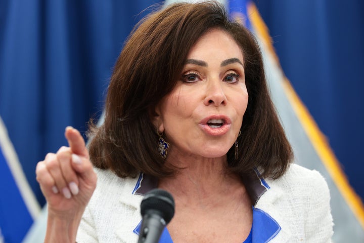 U.S. Attorney for the District of Columbia Jeanine Pirro speaks during a press conference on July 2 in Washington, D.C. Pirro announced that former Olympic canoeist David Hearn has been indicted by a grand jury on charges related to alleged vandalism of the Lincoln Memorial Reflecting Pool.