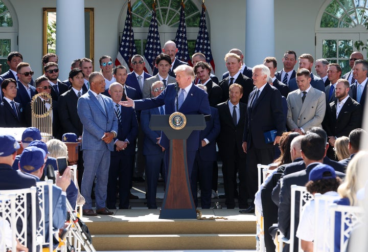 U.S. President Donald Trump (C) hosts the 2025 MLB World Series champion Los Angeles Dodgers in the Rose Garden of the White House on Thursday.
