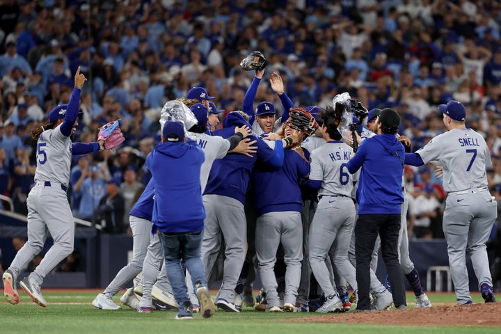 The Dodgers celebrate their 5-4 win over the Toronto Blue Jays on November 2, 2025.