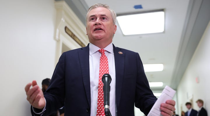 Rep. James Comer (R-Ky.) speaks to the media last month as he arrives to a closed-door interview with former CEO of Apollo Global Management Leon Black before the House Oversight Committee on Capitol Hill. The committee was continuing to hold closed-door interviews as part of its investigation into sex offender Jeffrey Epstein. 