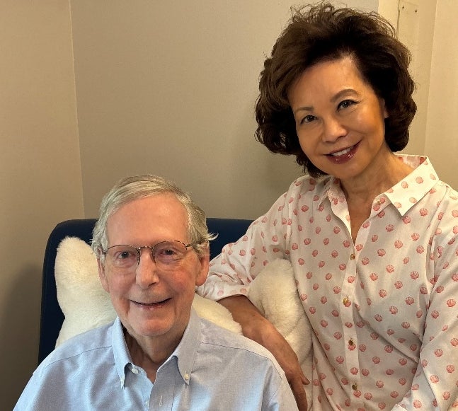 Sen. Mitch McConnell and his wife, former Transportation Secretary Elaine Chao, are seen in a photo released by McConnell’s Senate office on Monday.