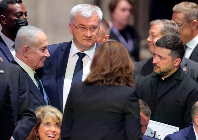 (Left to right) Israeli Prime Minister Benjamin Netanyahu, Ukrainian Foreign Minister Andrii Sybiha, and Ukraine President Volodymyr Zelensky attend the funeral service for the late U.S. Sen. Lindsey Graham (R-S.C.) at the Washington National Cathedral on July 28 in Washington, D.C.