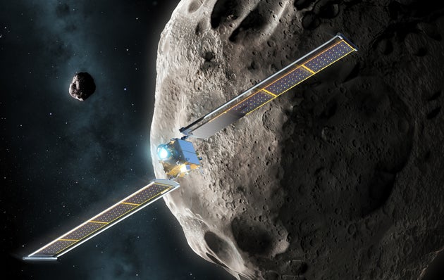 Illustration of NASA's Double Asteroid Redirection Test (DART) spacecraft approaching the binary near-Earth asteroid Didymos. 