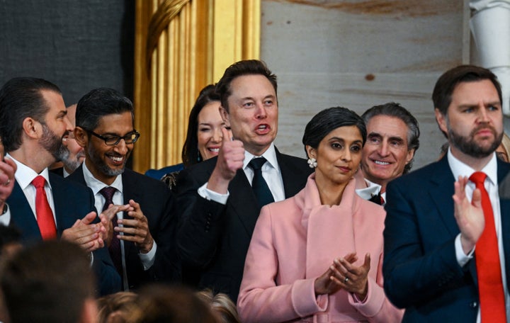 Musk (center) alongside Usha Vance (center right), JD Vance (right) and other tech CEOs at the inauguration of Donald Trump in January 2025.
