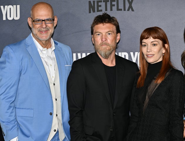 Harlan Coben, left, Sam Worthington and Britt Lower 