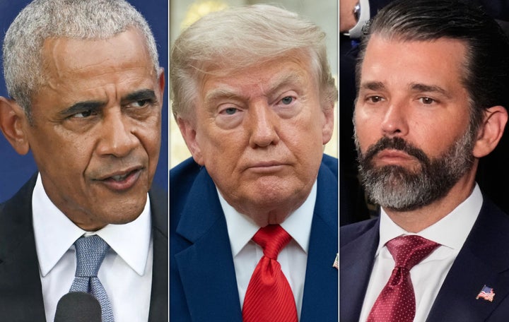 Barack Obama, left, Donald Trump, center, and Donald Trump Jr., right.
