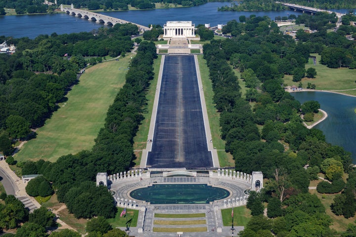 WASHINGTON, DC - JULY 30: The World War II Memorial, Lincoln Memorial and the drained Lincoln Memorial Reflecting Pool are seen from the Washington Monument on July 30, 2026 in Washington, DC. (Photo by Kevin Carter/Getty Images)