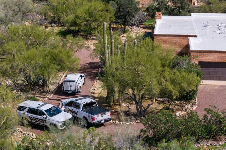 In an aerial view, Pima County Sheriff officers gather on Nancy Guthrie's property on February 17, 2026 in Tucson, Arizona. (Photo by Brandon Bell/Getty Images)