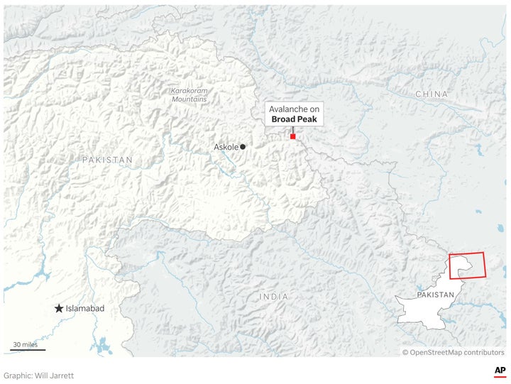 A map showing the location of Broad Peak, where mountaineers died in an avalanche. (AP Digital Embed)