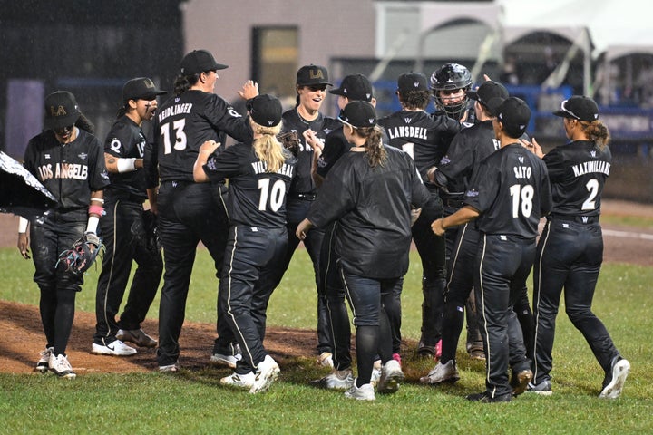 The Los Angeles Queens celebrate after winning 10-8 over the New York Heights on Saturday. (AP Photo/Lexie Knight)