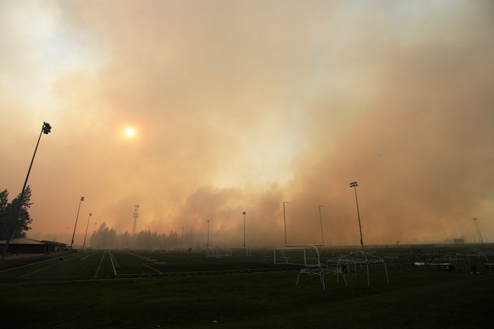 The Old Trails Fire is seen from Dwight Merkel Sports Complex, in Spokane, Wash.