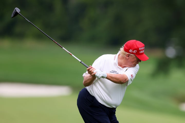 Trump shows off his form in this 2023 file photo, taken at his Bedminster club in New Jersey.