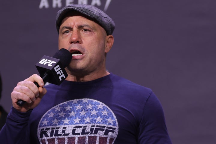 Joe Rogan introduces fighters at a UFC ceremonial weigh-in in 2021 in Las Vegas, Nevada.