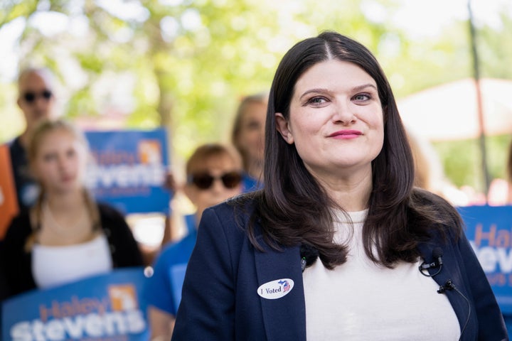 Rep. Haley Stevens speaks to members of the media after casting her ballot at a polling location in Birmingham, Michigan, on Tuesday.