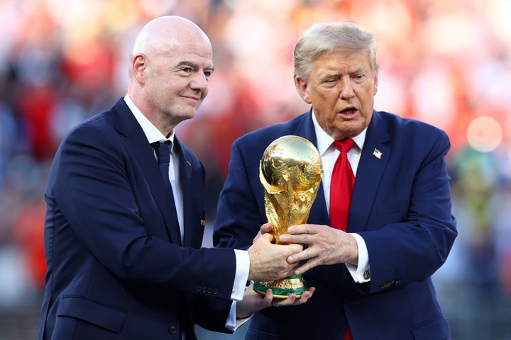 Gianni Infantino, pictured here at the World Cup final with Donald Trump, will hold a crisis meeting with top FIFA officials in Morocco on Wednesday as he looks to shore up his position in the wake of the collapse of his gambit to sell off commercial rights to the tournament.