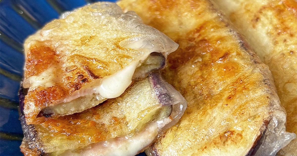 【ライスペーパーが余ったらコレ】包んで焼くだけ!ライスペーパーなすハムチーズ巻きレシピ