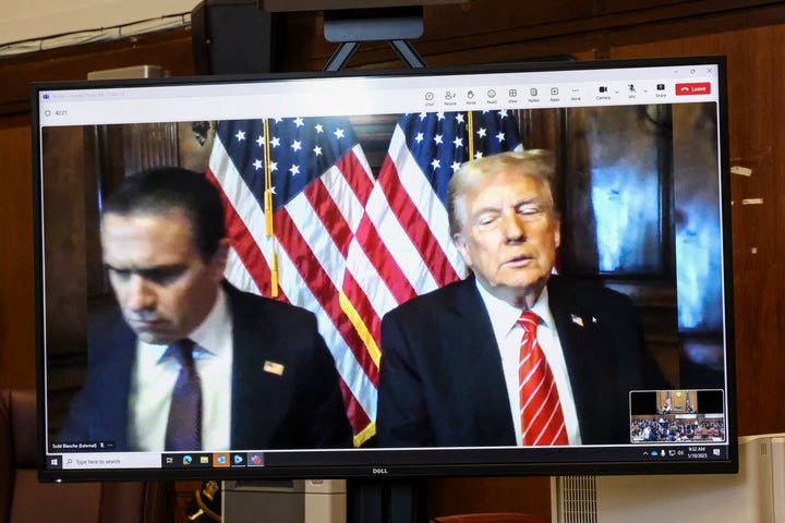 Donald Trump appears remotely on Jan. 10, 2025, for a sentencing hearing in the criminal case in which he was convicted in 2024 on charges involving hush money paid to a porn star.