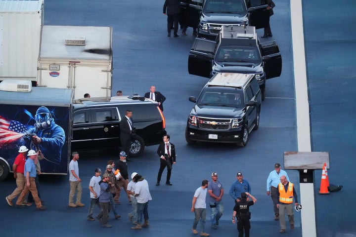 President Donald Trump arrives in his motorcade on top of the new blue protective coating at the Reflecting Pool on May 7, 2026.