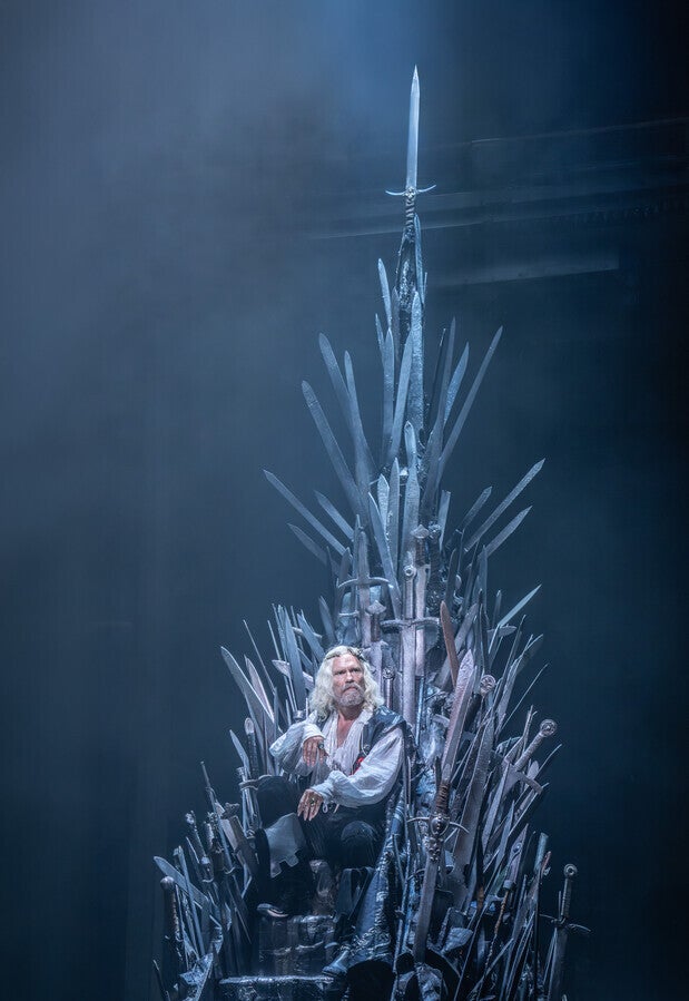 Michael Shaeffer on the Iron Throne as King Aerys Il Targaryen in the Game Of Thrones prequel play The Mad King