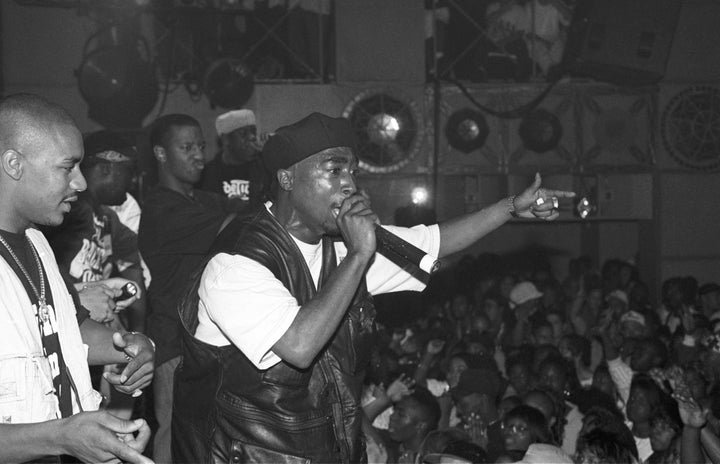Rapper Tupac Shakur performs onstage at the Palladium on July 23, 1993 in New York, New York.