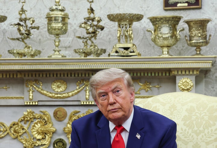 Trump, here pictured in the Oval Office on July 21, has gone all out with his redecorating during his second term in office.