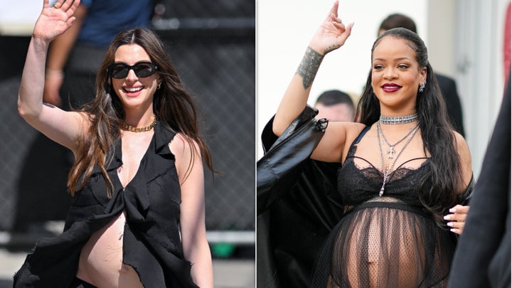 Anne Hathaway’s bare-bump pregnancy style follows a revealing, fashion-forward maternity style that Rihanna pioneered.